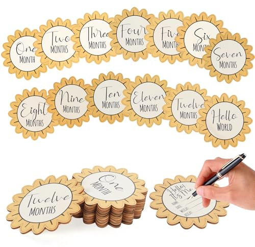 Baby Monthly Milestone Signs - 13 Pack Wooden Baby Milestone Cards for 1-12 Months, Newborn Photography Props with Hello World Discs, Gender Neutral Baby Announcement for Boy Girl Age Shower Gifts