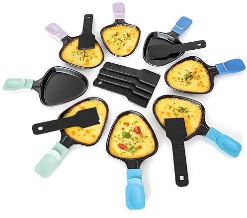 Kosmosta Raclette Cheese Pan Replacement Set, 8-Pack Triangular Nonstick Pans with Color-Coded Handles, Ice Cream Series, Includes 8 Nylon Spatulas, for Raclette Grills and Party Use, Tabletop Cooking
