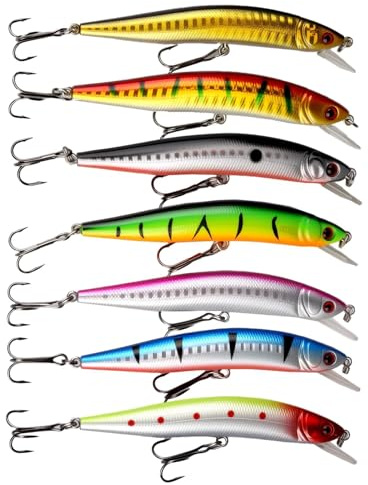 Pack de 7 Señuelos Minnow Realistas 3D con Sistema de Peso Interno, Bola Sonora de Acero Anzuelos Triples Inoxidables Cebos Artificiales Resistentes para Pesca en Agua Dulce y Salada