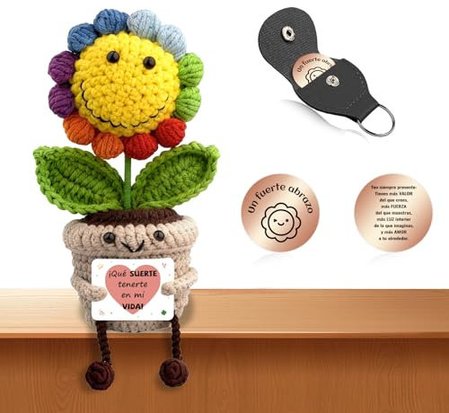 Girasol Crochet con Mensaje Positivo en Español, Regalo Original para Mujer con Flores Crochet y Amuletos de la Suerte, Peluche Motivacional, Regalos Divertidos para Amiga, Niña, Novia, Compañera (B)