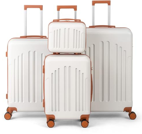 LALAHO Kofferset 4 teilig Hartschale mit Kosmetikkoffer, Koffer Set 4 Stück aus ABS, Reisekoffer mit Rollen Groß, Hartschalenkoffer Set, Koffer & Trolleys, Handgepäck, Beige-Braun