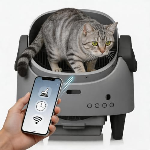 Garvee Lettiera Gatto Autopulente Automatica con Entrata dall'Alto, Cassetta Igienica Intelligente Design Aperto XXL per Gatti Grandi, Sistema di Sicurezza Avanzato e Monitoraggio App, Grigio Freddo
