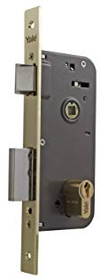 Yale Cerraduras De Embutir Estándar Para Puertas: Entrada 50 mm, Hierro, Latonado Cerradura de embutir de un punto de cierre de caja cerrada, Cilindro monoblock de 60, Palanca y picaporte reversible