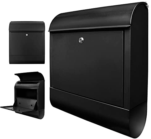 banjado Design Briefkasten schwarz Stahl mit Zeitungsfach - 39x47x13cm groß mit 2 Schlüssel - Briefkasten pulverbeschichtet - Postkasten A4 Einwurf inkl. Montagematerial