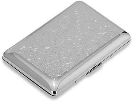 H.Bauer jun. Visitenkartenetui Metall verchromt matt silberfarben - doppelt bestückbares Business Etui mit Ornament-Deckel, kompaktes Kartenetui für Büro, Messe & Geschenkidee