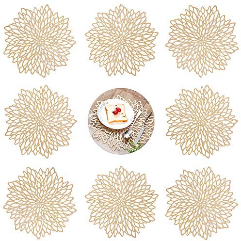 GLOBALDREAM Tovagliette Rotonde Scavate, 8 Pezzi Tovagliette Oro Tovagliette Sottopiatto Tappetini da Tavola Resistenti al Calore Stuoie Tappeti da Pranzo per Tavolo, Pranzo, Cucina (Oro, 38 cm)