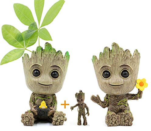 Huike Baby Groot Blumentopf Mit Schlüsselanhänger,Innovative Action Figur für Pflanzen & Stifthalter,Übertopf Pflanzen Deko Figur Pflanztöpfe Blumentöpfe Mit Drainage Loch für Dekoration (2 Stil)