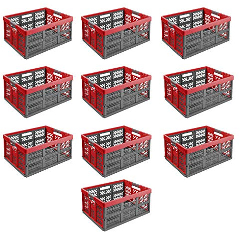 Lot de 10 boîtes à provisions pliables professionnelles robustes 45 l - 54 x 37 x 28 cm - Pliable avec poignées ergonomiques - Caisse de transport empilable - Rouge/anthracite