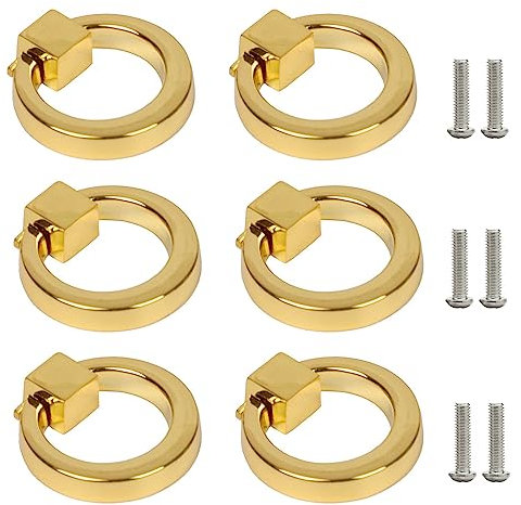Trsnzul Schrankgriffe mit Ring Form 6 Stück Möbelknöpfe Gold Einloch Möbelgriff Schubladenknöpfe Kabinettknöpfe Türknöpfe Kommodenknöpfe Gold Griffe für Küche Schublade mit Schrauben