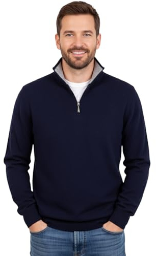 Marenza Pull Homme Demi-Zip en Cachemire et Soie mélangés, Made in Italy, Bleu, L