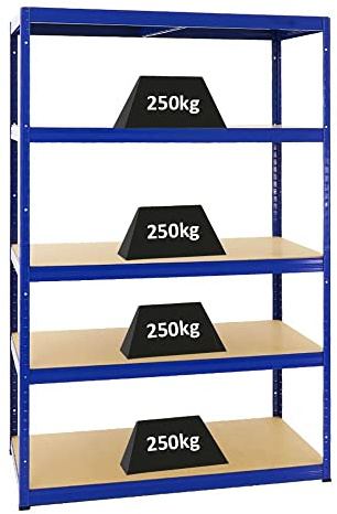 PROREGAL Étagère Charge Lourde BIG Elephant M | HxLxP 180x120x60cm | 250kg par Niveau | Bleu | Étagère Robuste de Garage, Atelier, Cave, sous-Sol, Stockage, Rangement
