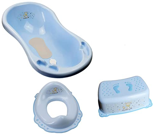 Baby Badeset Badewanne mit Abfluss Schemel Toilettentrainer blau