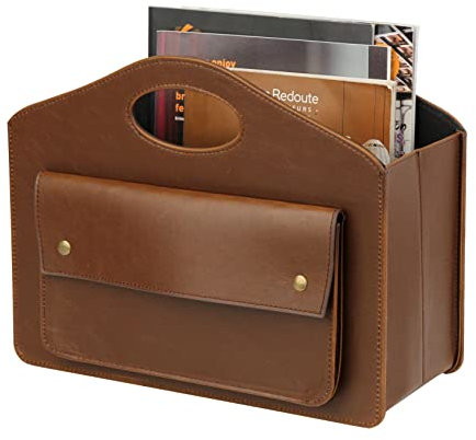 HofferRuffer Porte-revues en cuir avec poignée, panier de rangement pliable avec petit sac avant, organiseur multifonction marron, 35 x 28 x 15 cm