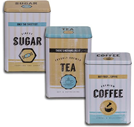hibuy 3er Set - Retro Blechdosen für Kaffee, Tee & Zucker - 3er Set - Vorratsdosen mit Deckel - 19 x 12 cm