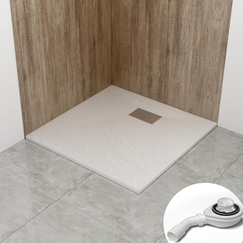 WITEN&NOCK SMC Duschwanne 80x80cm weiß Steinoptik mit Ablauf Ø90mm | 32 mm Extraflach Antirutsch Duschtasse mit Ø 90mm Siphon & Edelstahl Abdeckung，bruchfest, Vielseitige Montage, hygienisch