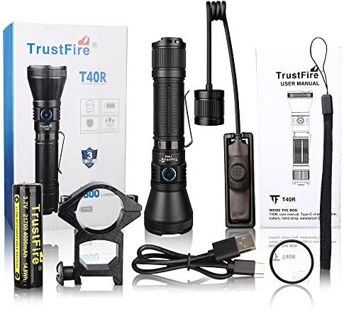 TrustFire T40R Linterna Táctica LED Recargable, 1800 Lúmenes Alta Potencia | Recargable USB, IP68, 550 Metros Linterna Caza Largo Alcance, 5 Modos,Para Caza Búsqueda Rescate Emergencia Camping
