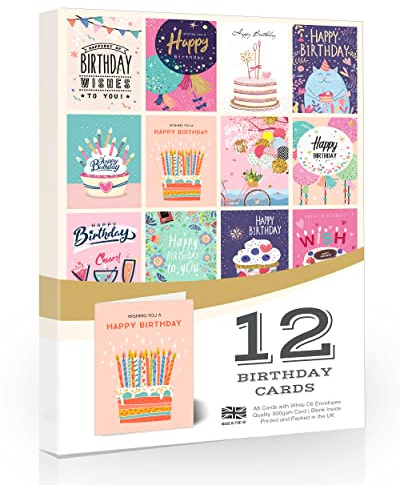 Olivia Samuel 12 x Female Birthday Cards Pack with Envelopes. UK Made and Fully Recyclable