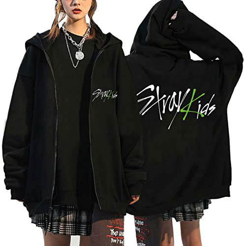 NCTCITY Herr dam huvjacka Stray Kids Y2K huvtröja med dragkedja MANIAC tryck lös fritid streetwear tröja långärmad topp överdimensionerad sweatshirt BangChan Hyunjin Han Felix Seungmin I.N, Svart –