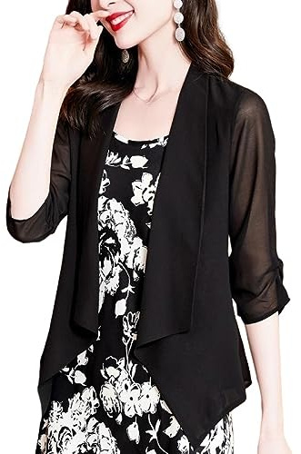 LCDIUDIU Blazer Damen,Rosafarbener, Kurz Geschnittener Blazer Für Damen, Lässig, Vorne Offen, Dünner Cardigan, Fester Chiffon, Plissiert, 3/4, Gerüschte Ärmel, Unregelmäßiger Saum, Arbeitsjacken, Bür