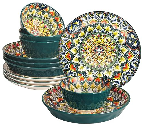 YA JU Mandala Dinnerware Sets (12 Pcs) Serves 4, Buffet Dinnerware, Boho Plates and Bowls Dish Set with 8 salad Plate 8 Dessert Plate 4.8 bowl, apply Casual dining Indoor Outdoor Dining Party