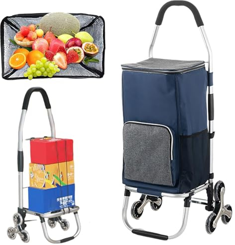 Einkaufstrolley mit Kühlfach und Sackkarren-Funktion - Faltbarer Einkaufswagen mit Treppensteiger - abnehmbare Tasche - Klappbar - Max. Belastbarkeit 35 kg (Blue)
