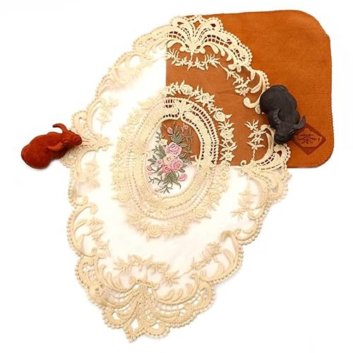 4 Stück Bestickte Tischmatte, 42*28CM Platzsets Spitze ovale Tischdecke mit Blumenmuster Spitzendeckchen Häkeldeckchen Vintage-Tassenmatte, Vasenmatte für Küche,Esszimmer,Party,Hochzeit -Beige