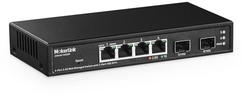 MokerLink 4-portig 2,5 G hanterad switch, 2x 10G SFP+ slot, 4 x Base-T 2,5 G-portar, kompatibel 10/100/1000 Mbps, fläktlöst mininätverksswitch