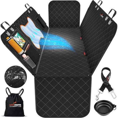 Dog Car Seat Covers, 600D Heavy Duty 100% Waterproof, Nonslip, Zipper Design seat protector, Mesh Window, Perfect Dog Hammock for Car backseat, SUVs, Sedans & Truck (Black, Bone Window Style)