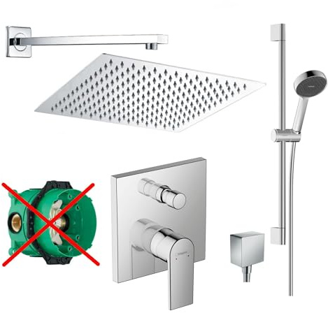 vanvilla Duschsystem Unterputz mit Duscharmatur Hansgrohe poliert HG33-ob | Duscharmatur von Hansgrohe Vernis Shape Einhebelmischer und vanvilla Regendusche Duschkopf eckig, Duschstange Dusch-SET pol.