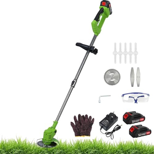 Calager Akku-Rasentrimmer,450W Gartentrimmer mit 2 Batterien,Teleskopstange,Rutschfester Griff,Akku-Trimmer,Leichter Freischneider,elektrischer Rasentrimmer,Rasenkantenwerkzeug für den Garten (Grün)