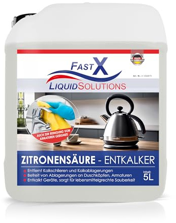 FAST X Zitronensäure Entkalker 5 Liter | Flüssiger Kalklöser & Kalkentferner | für Wasserkocher, Kaffeemaschine, Armaturen & Duschköpfe | Entkalker für Küche, Bad & Haushalt | Made in Germany