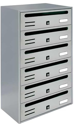 ALUBOX CUBO Boîtes aux Lettres Collectives 6 Compartiments 63x38,5x25 cm en Tôle Galvanisée Horizontale pour Extérieur et Intérieur Protégé (Argent RAL 9006)