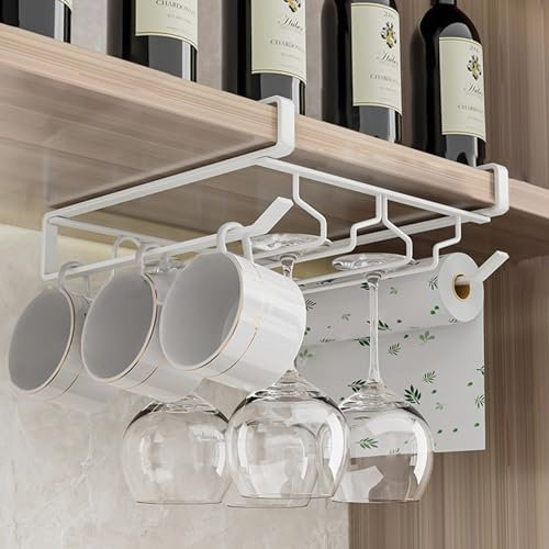Pasdrucn 2 Stück Weinglashalter Unter Dem Schrank, Weinglashalter Hängend, Weinglas Halterung, Bar Zubehör Theke, Glashalter Wohnmobil, Gläser Regal, Gläserhalter Wohnmobil Für Küche (Weiß)
