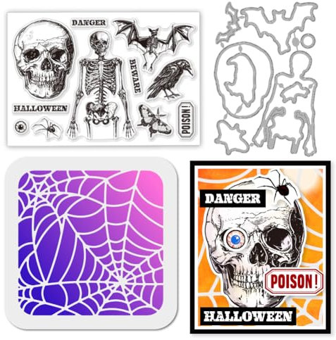 GLOBLELAND Transparente Stempel Mit Halloween Skelett Fledermaus Spinne Stanzformen Spinnennetz PET Farbe Bastelschablonen Vorlage Für Kartengestaltung DIY Prägungen Scrapbooking