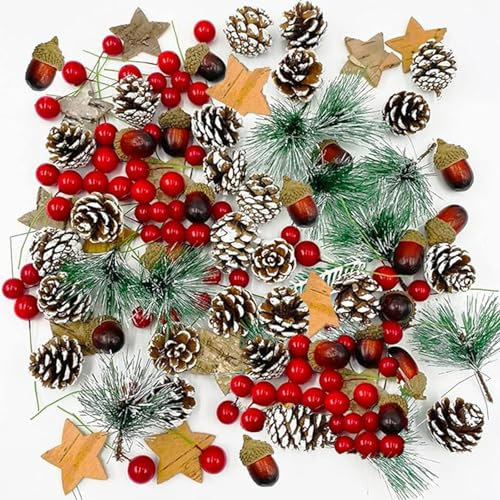 108PCS Christmas Wreath Making Decoration Set - Artificial Pine Cone, Red Holly Berries, Pine Branches for DIY Xmas Wreath, Crafts, Christmas Tree Ornament