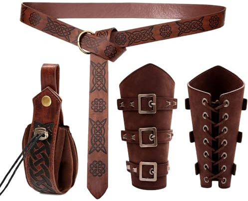 KBIBCK Mittelalter Kleidung für Damen Herren Accessoires Set, 4PCS Halloween Nekromanten Anzug, Mittelalter Armschienen Gürteltasche Gürtel,MittelalterKleidung Zubehör für Wikinger Piraten Renaissance