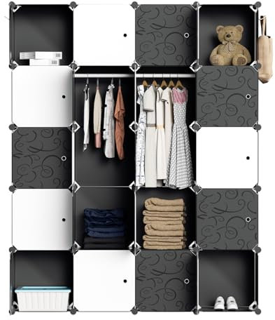 Yakimz Regalsystem Kleiderschrank, DIY Garderobe mit Türen, aus Kunststoff Garderobenschrank with 2 Hanging Rail, 20 Boxen Kleiderschrank Garderobenschrank Steckregalsystem, Storage Cabinet, Schwarz