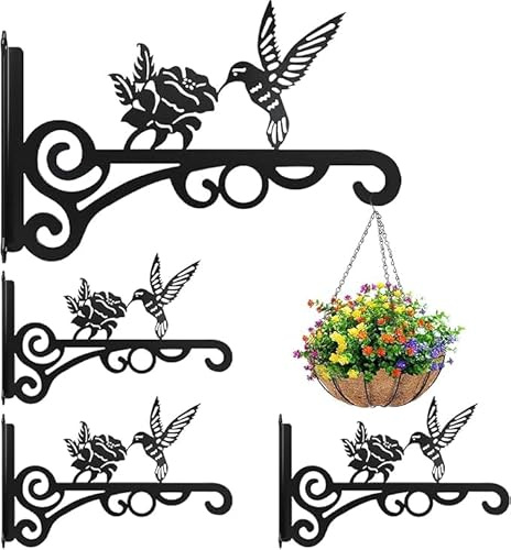 Pflanzenhaken Blumenampelhalter, 4 Stück Eisen Wandhaken,25cm Blumenampel Vogelhäuschen Wandhalter Haken zum Aufhängen von Pflanzer Vogelhäuschen Laterne Windspiele, Garten Balkon Deko (4, Schwarz)