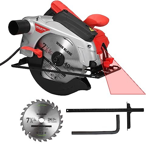 Scie Circulaire 1500 W, Scie Circulaire 12 A 7-1/4'' avec Guide, 4700 Tr/min, 2 Lames de Coupe 24T + 40T, Profondeur de Coupe 67 Mm et 45 Mm, Bûches, Planches, Coupe de Tuyaux en