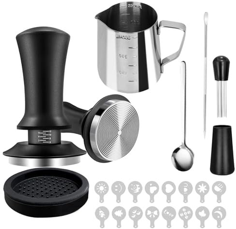 Fesatccoz Set di tamper per espresso, accessori per caffè con tampone da caffè da 51 mm, strumento WDT, tappetino per tamper, mescolatore per caffè, latte art penna, schiumalatte, stencil per caffè