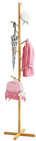 BAMBOOHOMIE Bamboo Tree Coat Rack Stand, Freestanding kids Coat Tree with 9 Hooks 3 Adjustable Height for Child Adult, Coat Stand Tree Fits Entryway Bedroom Office for Bags Hats (64 inch height)