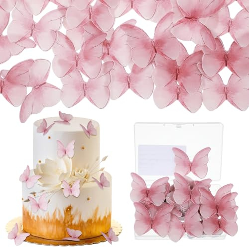 Tyqour 72 Stück Schmetterlinge Tortendeko Essbar Rosa Essbare Tortendeko Schmetterling Muffin Deko Essbar Schmetterlings Cupcake Toppers Essbare Schmetterlinge für Torte zum Hochzeit Geburtstag Taufe