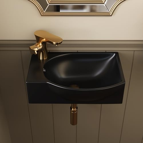 DeerValley Wandwaschbecken mit Überlauf & Armaturloch Links 40x28cm Schwarz | Waschbecken mit vorgebohrten Armaturloch, 25 % mehr Nutzfläche, flexibel montierbar, hochwertige und pflegeleichte Keramik