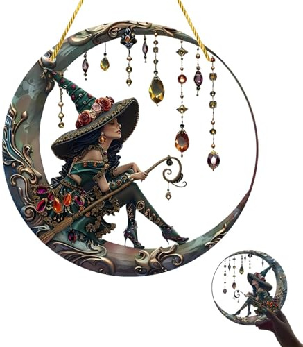 Sun Catchers For Windows Witchy Gifts For Women Gothic Gifts The Witch Gifts Moon & Witch Ornaments Gothic Stained Glass Window Decorations Suncatcher (20 * 20cm)