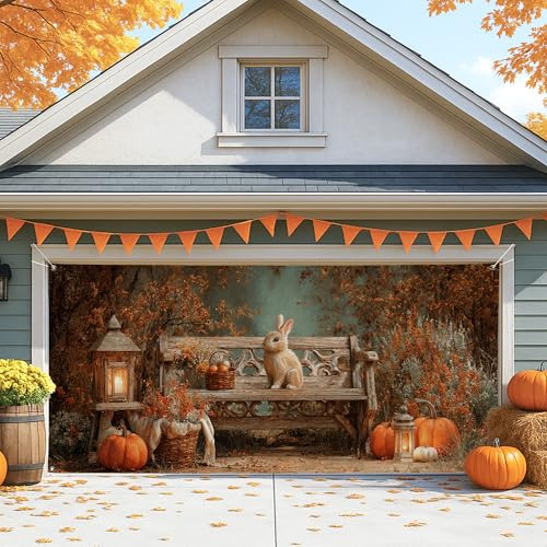 Cubierta rústica vintage para puerta de cochera, decoración de calabaza otoñal para Halloween y Acción de Gracias, decoraciones de gran tamaño para exteriores, 157 x 71 pulgadas