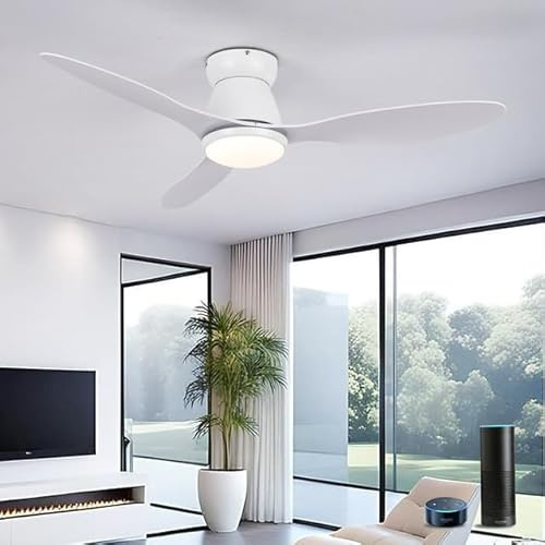 KeLuKes Smart Deckenventilator Mit Beleuchtung Kompatibel mit Alexa Dc 106cm Deckenventilator mit Licht Leise Dimmbar Design Für Wohnzimmer Schlafzimmer, Weiß