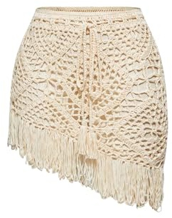 WDIRARA Women's Crochet Fringe Beach Skirt Hollow Out Sheer Cover Up Skirts Boho Coverups Apricot Large