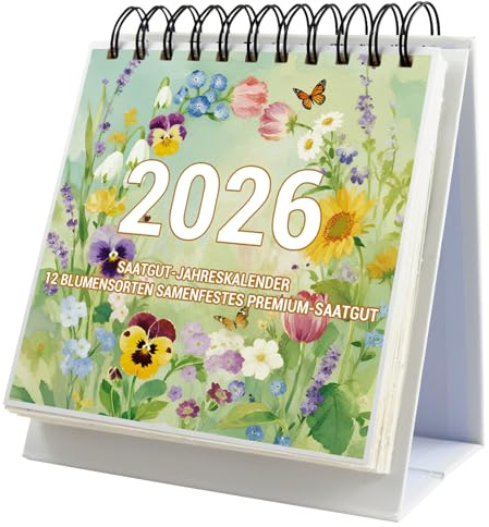 Tischkalender 2026 Kalender zum Hinstellen, Familienkalender Stehkalender 2026, Saison Blumen Tischplaner, Gartenkalender Schreibtischkalender zum Aufstellen für Schule Büro Zuhause