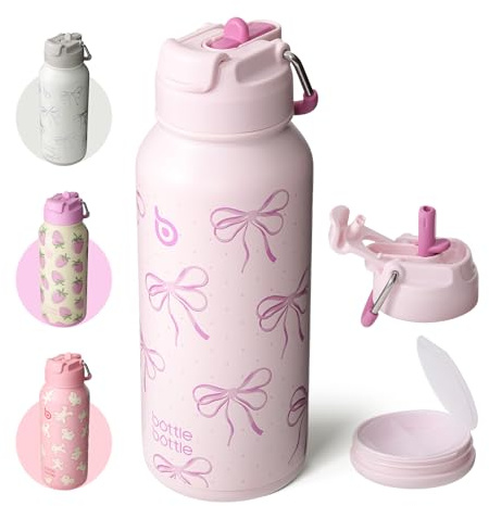BOTTLE BOTTLE Botella de acero inoxidable de 1 litro con pajita, termo a prueba de fugas, para deporte y gimnasio, con compartimento para pastillas, sin BPA, doble pared (lazo rosa)