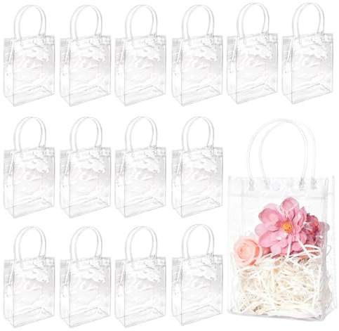 14 sacs cadeaux en plastique transparent avec poignées | 15 x 20 x 7 cm, Mini sacs fourre-tout, PVC, Pour cadeaux, mariages, anniversaires